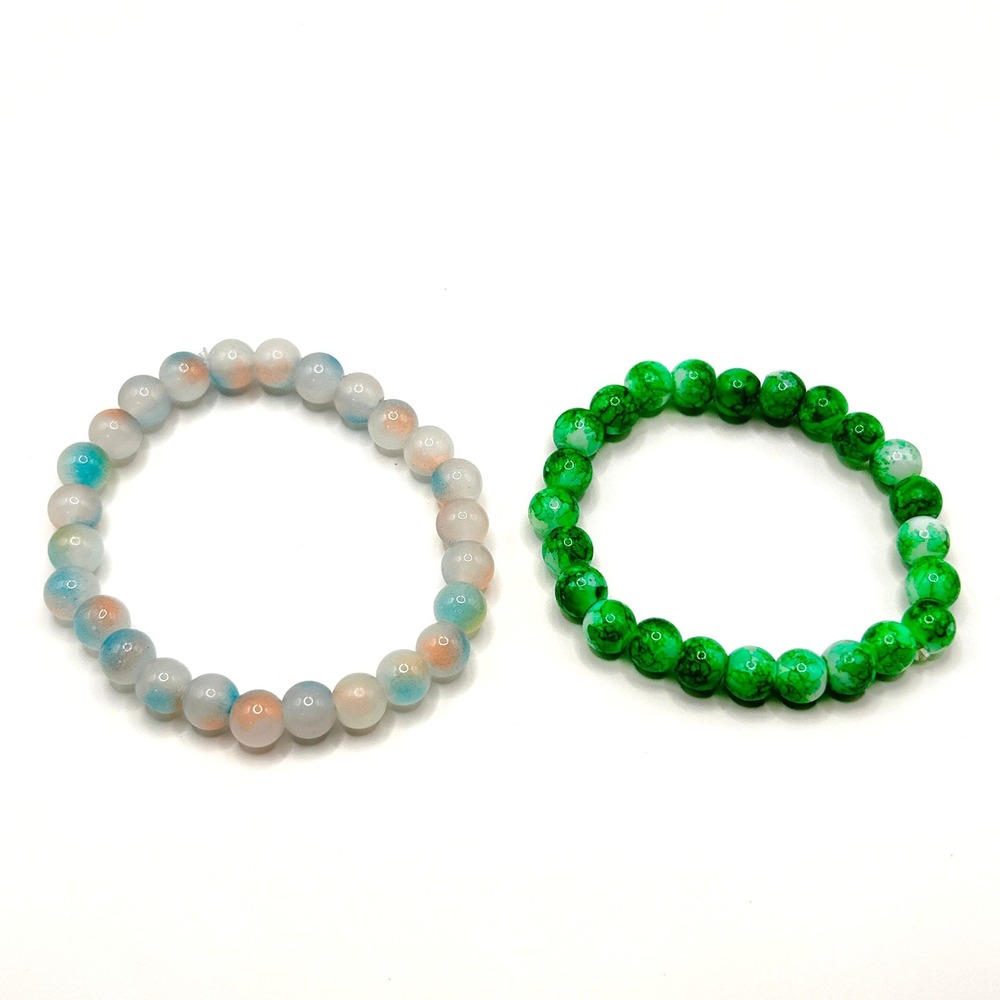 Beaded Bracelet Set Boutique Stretch Unisex OS Green Blue White Marbled Jewelry